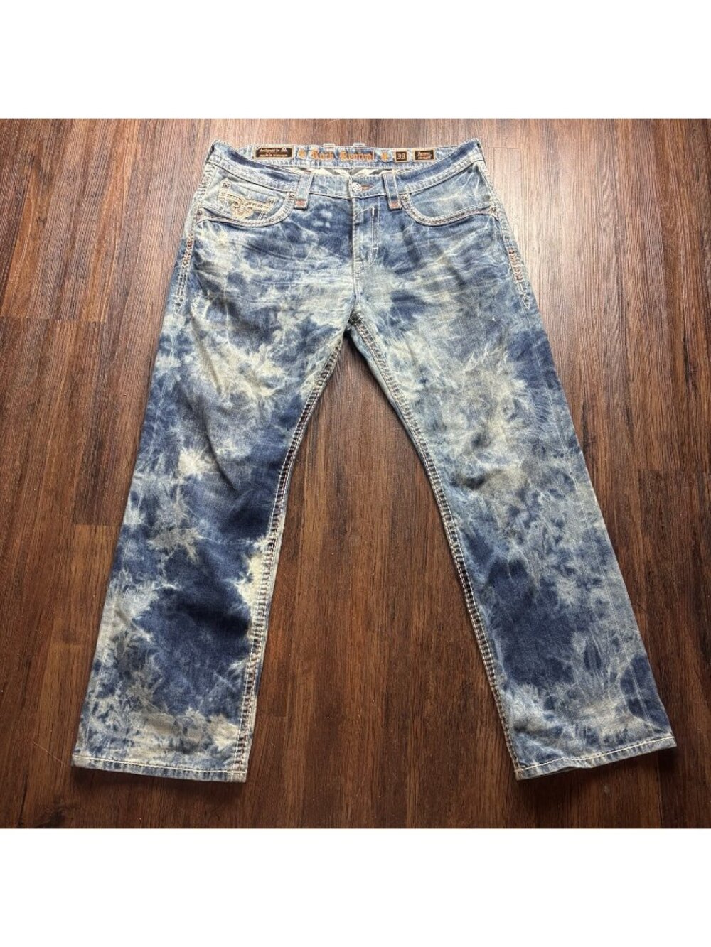 Rock Revival James Straight Jeans Embroidered Acid Wash Size 38